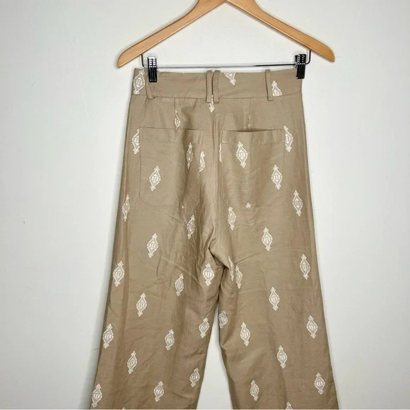 ZARA TAN LINEN BLEND EMBROIDERED WIDE LEG CULOTTE PANTS XS - Picture 5 of 6